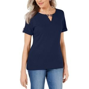 Karen Scott Cotton Ribbon Trim Top Intrepid Blue Medium
